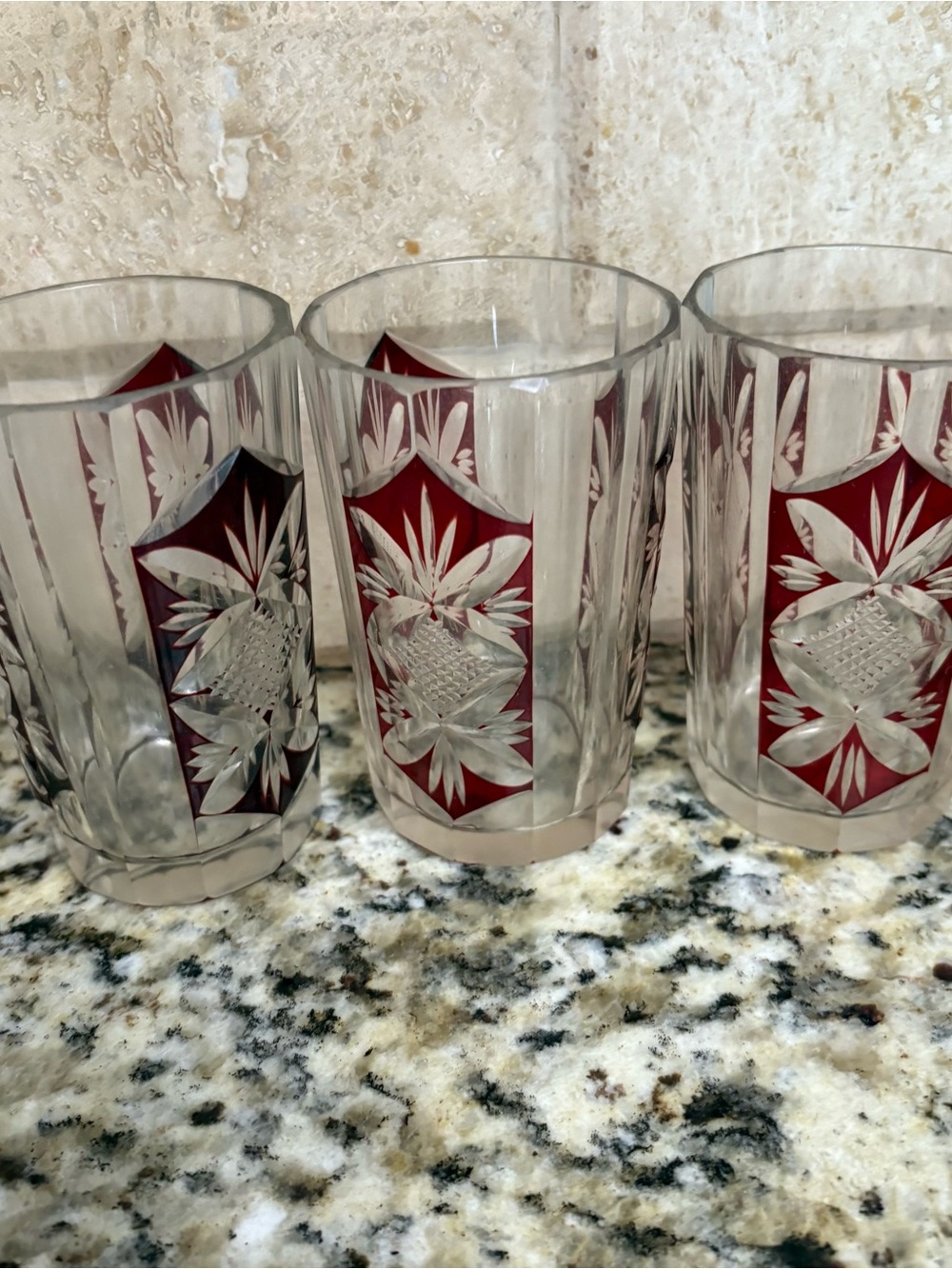 Classic Cut Crystal Glass Tumblers with Red Inlay - Set of 3